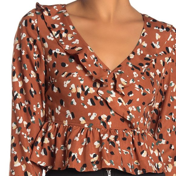 Camel Long Sleeve Ruffled V Neck Crop Blouse Top - Picture 4 of 8